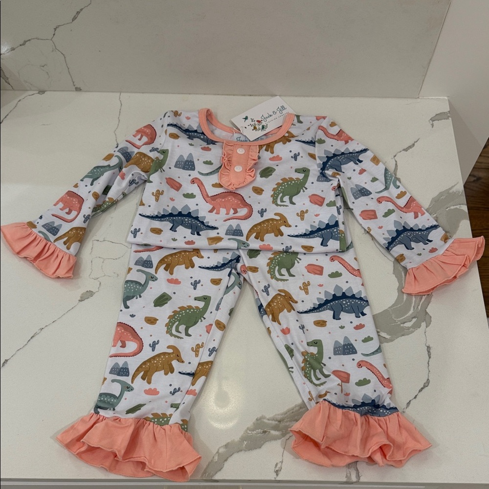 Jack & Jill Clothing Company Girl’s Dinosaur Print PJs w/ Ruffle Trim 12-18M NWT